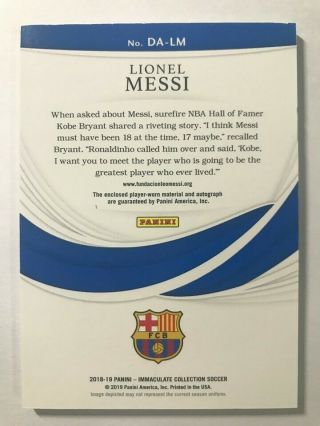 2018 - 19 Immaculate Dual Patch Autograph Auto : Lionel Messi 10/15 Jersey Number 2