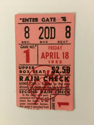 Ticket Stub For N.  Y.  Yankees Opening Day April 18,  1952– Dimaggio Number Retired