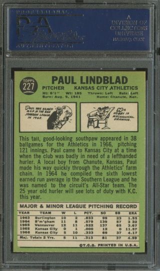 1967 Topps 227 Paul Lindblad Kansas City A ' s PSA 9 2