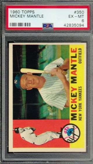 1960 Topps Mickey Mantle York Yankees 350 Psa 6 Ex - Mt