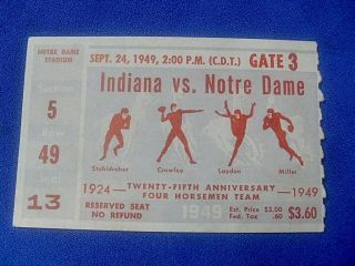 1949 Indiana Vs Notre Dame Football Ticket Stub 4 - Horsemen 25th Anniversary