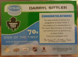 2018 - 19 Upper Deck SP Authentic Auto Darryl Sittler Sign Of The Times 70s 2