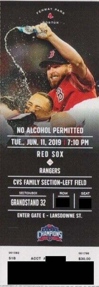 Boston Red Sox V Texas Rangers Ticket Stub 6/11/2019 @ Fenway Park