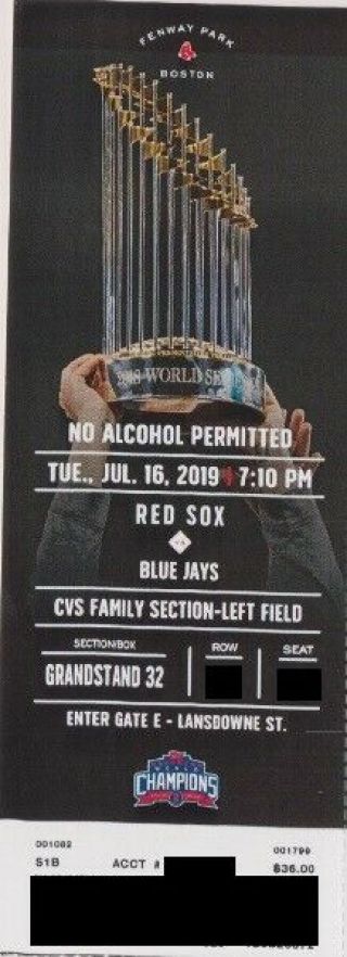 Boston Red Sox V Toronto Blue Jays Ticket Stub 7/16/2019 @ Fenway Park