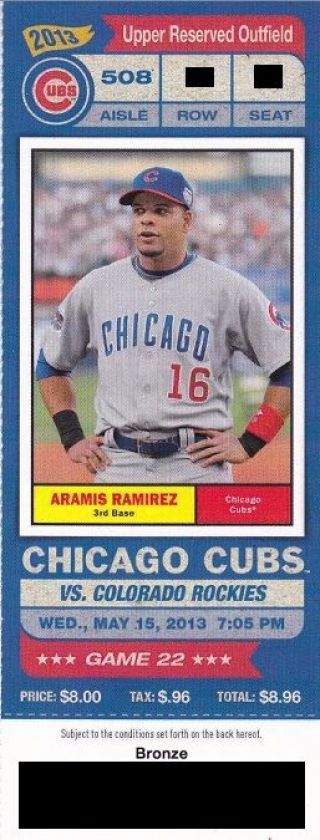 Chicago Cubs V Colorado Rockies Ticket Stub 5/15/2013 @ Wrigley - Aramis Ramirez