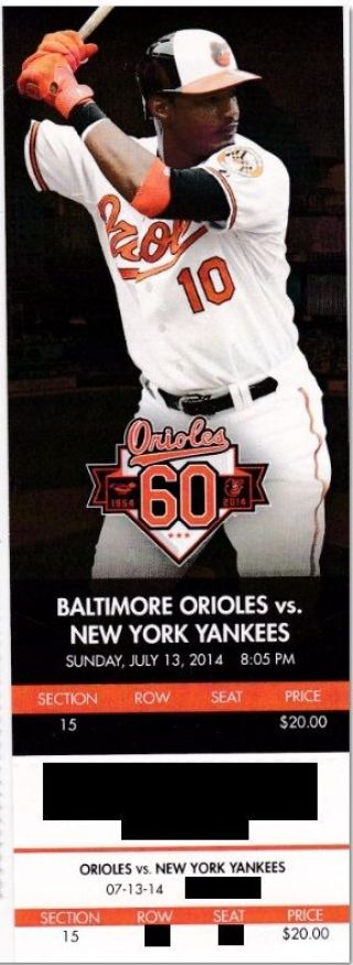 Baltimore Orioles V York Yankees Ticket Stub 7/13/2014 @ Camden Yards