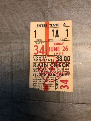 York Giants Yankees Baseball Team Ticket Stub June 26 1953 Vintage Old