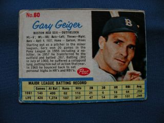 1962 Post Cereal Handcut Gary Geiger Red Sox Card 60 Baseball $1s&h