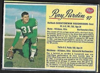 1963 Post Cfl Football: 97 Ray Purdin Rc,  Saskatchewan Roughriders