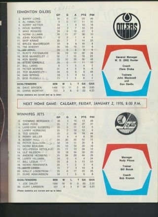 1975 - 76 Vintage Edmonton Oilers WHA Hockey Program Dec 23/75 Hull Cover Win Jets 2
