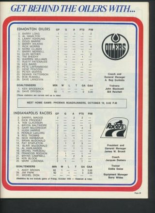1976 - 77 Vintage Edmonton Oilers WHA Hockey Program Oct 17/76 vs Indianapolis 2