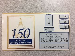 Michigan Vs.  Notre Dame 1992 Football Ticket Stub