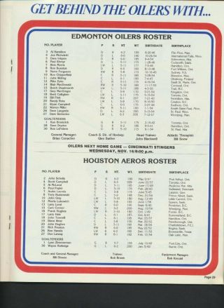 1977 - 78 Vintage Edmonton Oilers WHA Hockey Program Nov 6/77 vs Houston Aeroes 2