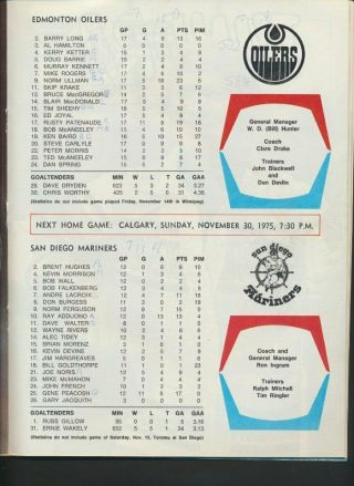 1975 - 76 Vintage Edmonton Oilers WHA Hockey Program Nov 17/75 San Diego Mariners 2
