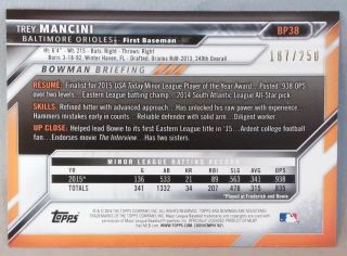 TREY MANCINI 2016 Bowman RC PURPLE Parallel (' D 187/250) - Baltimore Orioles 2
