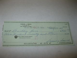Golfer Sam Samuel Snead Autographed Hand Signed Cancelled Check