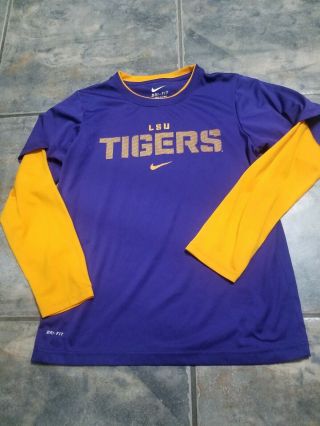 Euc Nike Dri - Fit Lsu Tigers Long Sleeve Shirt Size Youth Large Purple Gold