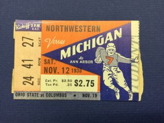 1938 Michigan Vs Northwestern Football Ticket Stub