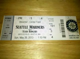 Texas Rangers @ Seattle Mariners Mlb Ticket Stub 5/26/13 2013 Box