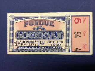 1930 Michigan Vs Purdue Football Ticket Stub