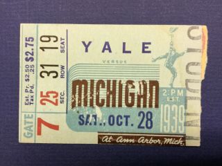 1939 Michigan Vs Yale Football Ticket Stub