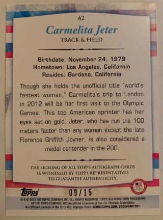 2012 Topps U.  S.  Olympic Team Autographs Gold 62 Carmelita Jeter 09/15 2