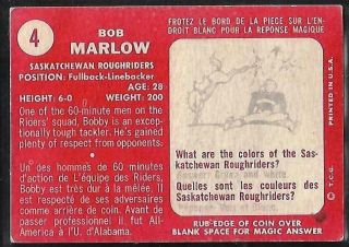 1958 TOPPS CFL FOOTBALL: 4 BOB MARLOW,  SASKATCHEWAN ROUGHRIDERS 2