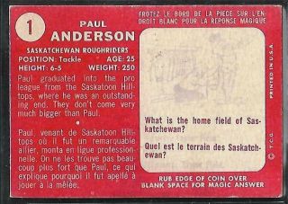 1958 TOPPS CFL FOOTBALL: 1 PAUL ANDERSON,  SASKATCHEWAN ROUGHRIDERS 2