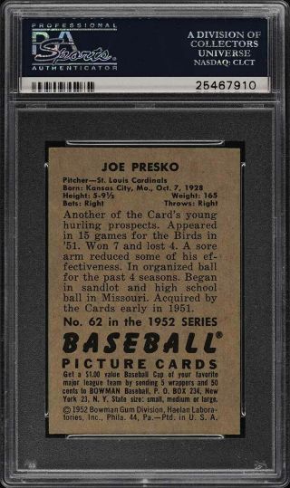 1952 Bowman SETBREAK Joe Presko 62 PSA 8 NM - MT (PWCC) 2