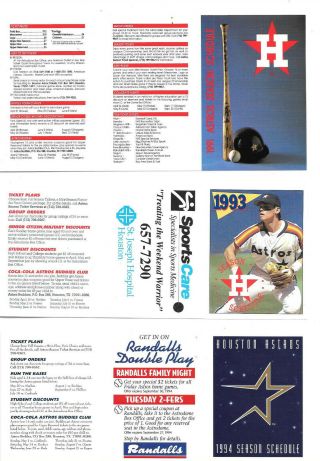 Houston Astros Baseball Schedules - 10 Different - 1991,  1993 - 96,  98 & 99,  2001 - 03