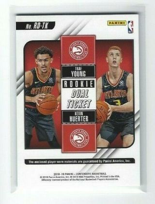 2018 - 19 Panini Contenders Trae Young & Kevin Huerter DUAL Jersey,  Hawks Rookie 2