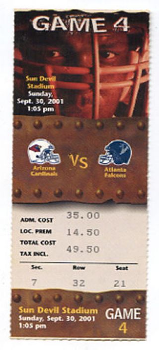 Atlanta Falcons At Arizona Cardinals Nfl Ticket Sep 30,  2001 Tillman 4th Season