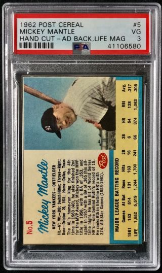 1962 Post Cereal 5 Mickey Mantle Psa 3 Sharp Tough