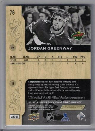 18 - 19 Upper Deck Engrained Hockey Jordan Greenway Signature Card 76 2