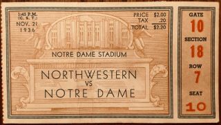 1936 Notre Dame Vs Northwestern College Football Ticket Stub