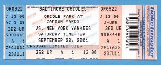 Cal Ripken,  Jr Baltimore Orioles York Yankees Full Ticket September 22,  2001