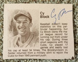 Cy Block Signed Program Clipping - Cubs Debut 1942