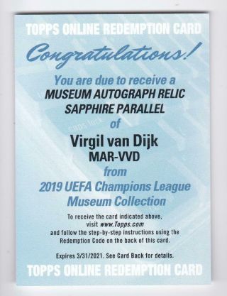 18 - 19 Topps Museum Virgil Van Dijk Relic Jersey Auto Sapphire /75 Liverpool Fc