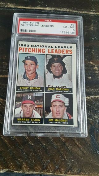 1964 Topps Nl Pitching Leaders Koufax/marichal/spahn/maloney 3 Psa 6 Ex - Mt
