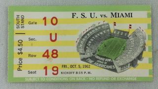 Cfb 1962 10/05 Florida State At Miami Football Ticket Stub - George Mira Qb