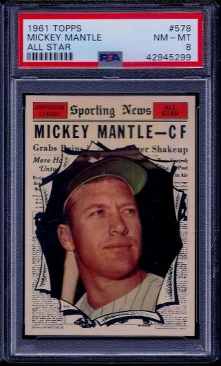 Psa 8 1961 Topps 578 Mickey Mantle York Yankees All - Star 50/50 Razor Hi - End