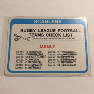 1979 Scanlens Nrl Football Checklist Card - Manly Sea Eagles - Postage