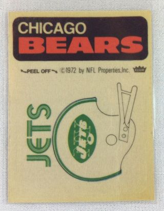 Nfl 1972 - 74 Fleer Team Football Sticker - Chicago Bears - York Jets