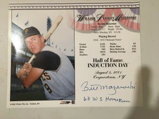Bill Mazeroski Signed 2001 Hof Induction Day Card - Inscribed -