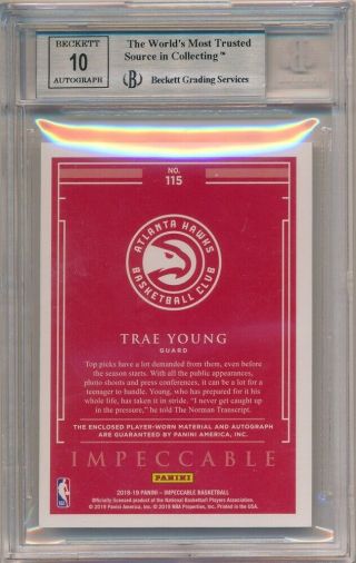 TRAE YOUNG 2018/19 PANINI IMPECCABLE RC AUTO 3 COLOR PATCH SP /99 BGS 9 10 2