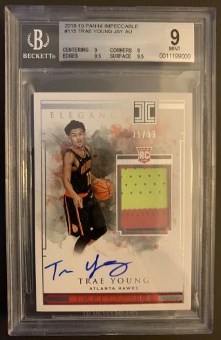 2018 - 19 Trae Young Impeccable Rookie Patch Auto /99 Bgs 9/10