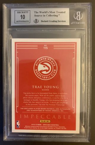 2018 - 19 Trae Young Impeccable Rookie Patch Auto /99 BGS 9/10 2