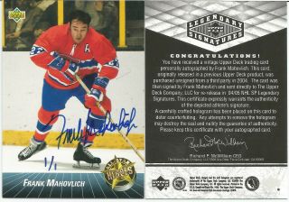 2004 - 05 Ud Legendary Signatures Frank Mahovlich Buy Back Auto 1/1 Canadiens $$$$