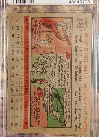 1956 Topps 135 Mickey Mantle PSA 3 Very Good CARD 2