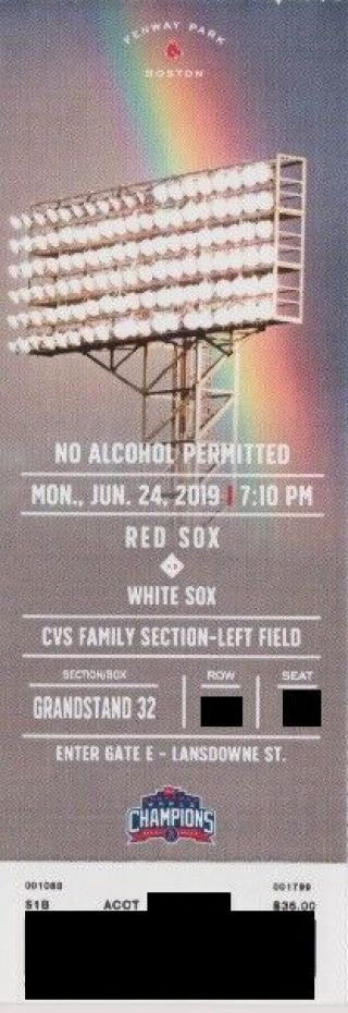 Boston Red Sox V Chicago White Sox Ticket Stub 6/24/2019 @ Fenway Park